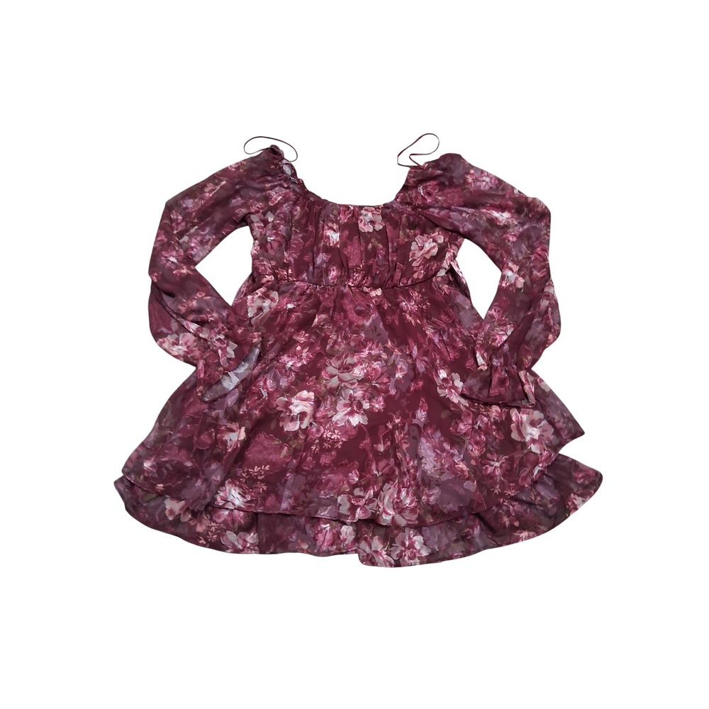 Charmed Hearts Womens Versona Burgundy Floral Metallic Ruffle Mini Dress Medium